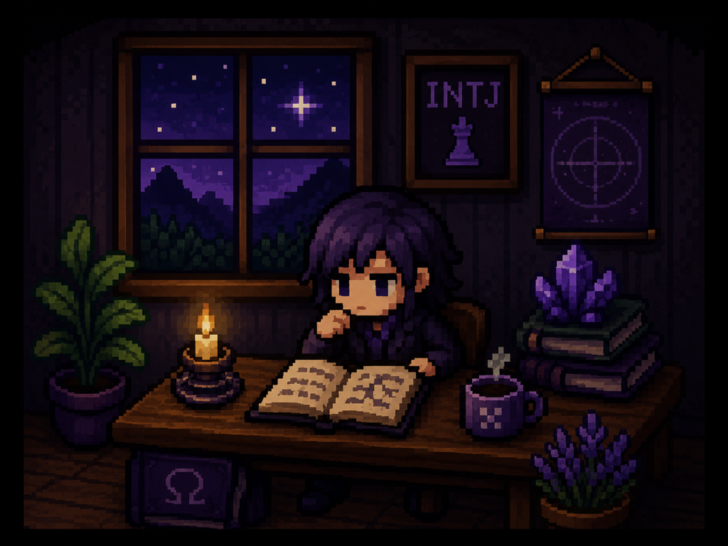 Pixel art character studying in a dark INTJ strategy room